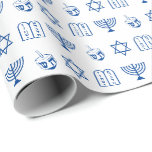 Modern white blue Jewish Icons pattern Hanukkah Wrapping Paper<br><div class="desc">Modern white and blue Jewish Icons pattern Hanukkah gift Wrapping Paper.

Blue Star of David,  Hebrew Magen David,  Dreidel,  menorah,  Torah pattern on white background.

This wrapping paper is great for Hanukkah,  Chanukah,  bar mitzvah,  bat mitzvah,  Shabbat and Jewish Holidays.</div>