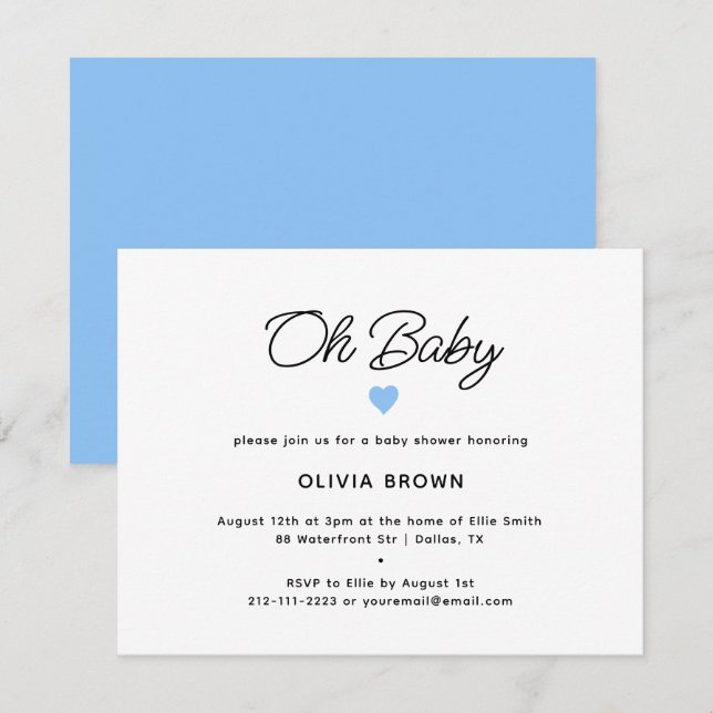 Modern White Blue Oh Baby Shower Invitation (Front/Back)
