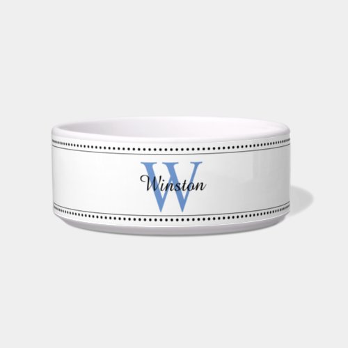 Modern White Blue Personalized Monogram Name Pet Bowl