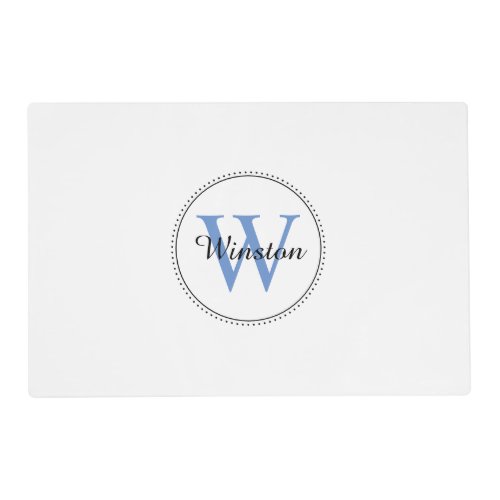 Modern White Blue Personalized Monogram Name Pet Placemat