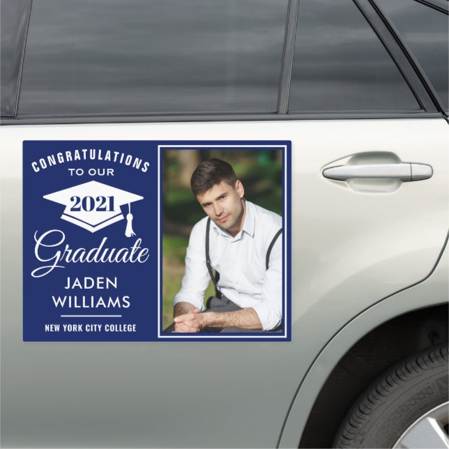 Modern White Blue PHOTO 2024 Graduation Large Car Magnet (In Situ)
