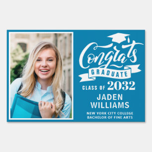 Modern White Blue PHOTO Graduation Banner Yard Sign