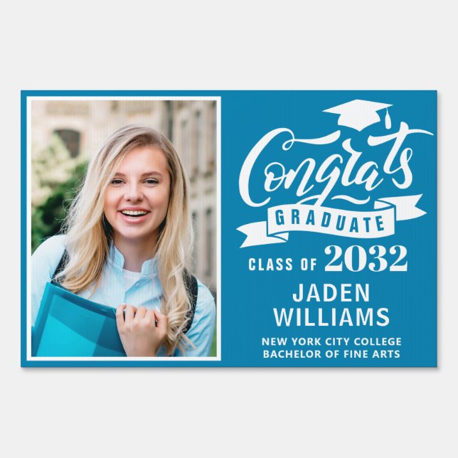 Modern White Blue PHOTO Graduation Banner Yard Sign (Front)