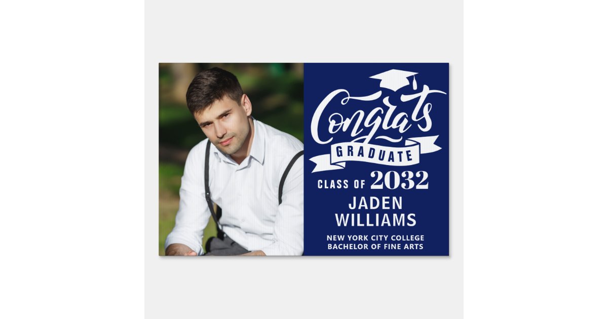 Modern White Blue PHOTO Graduation Banner Yard Sign | Zazzle