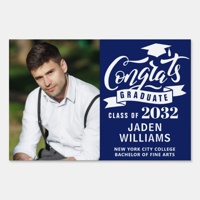 Modern White Blue PHOTO Graduation Banner Yard Sign (Front)