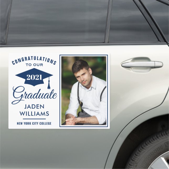Modern White Blue PHOTO Graduation Large Car Magnet (In Situ)