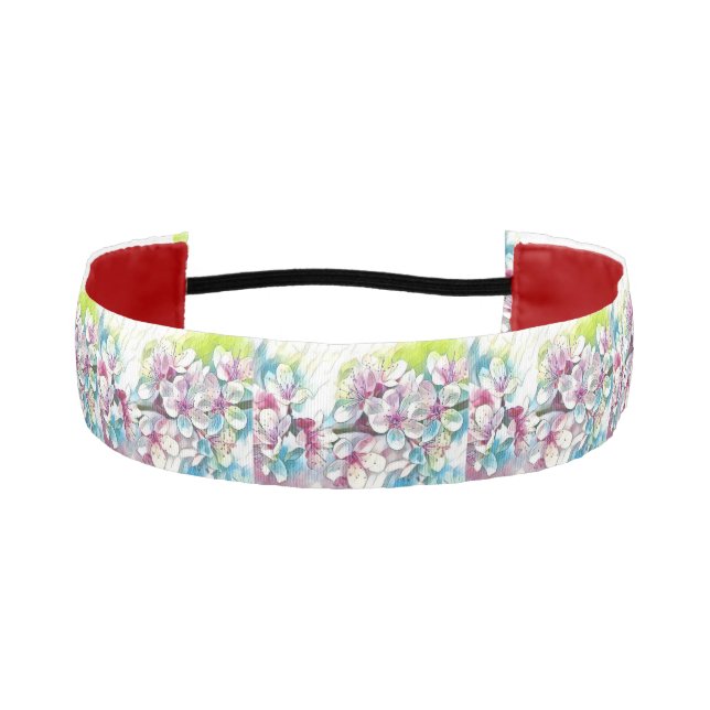 Modern White Blue Pink Cherry Blossom Watercolor Athletic Headband (Front)