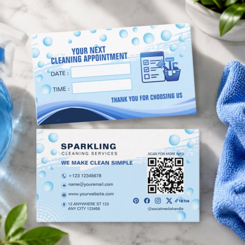 Modern White Blue Professional Cleaning Service  Appointment Card