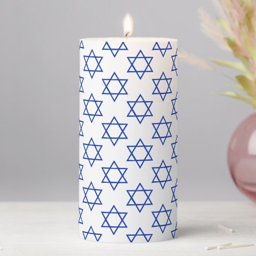 Modern white blue Star of David pattern Hanukkah Pillar Candle