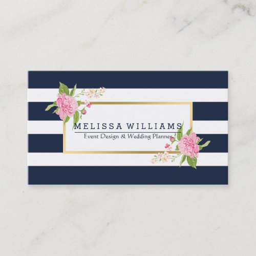 Modern White  Blue Stripes Gold  Floral Accent Business Card