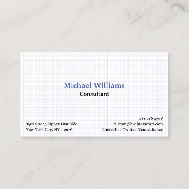 Modern White Blue Trendy Checker Geometric Pattern Business Card (Front)