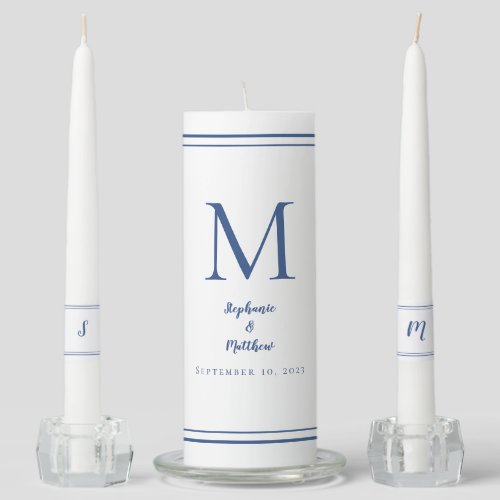 Modern White  Blue Wedding Ceremony Bride Groom Unity Candle Set