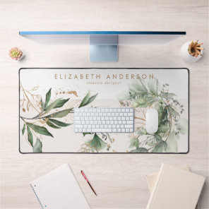 Modern White Blush Gold Eucalyptus Corporate Large Desk Mat