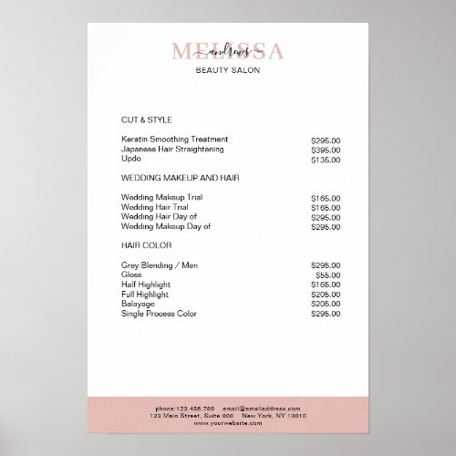 Modern White Blush Price List Poster