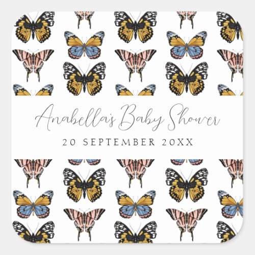 Modern White Boho Butterfly Girl Baby Shower Square Sticker