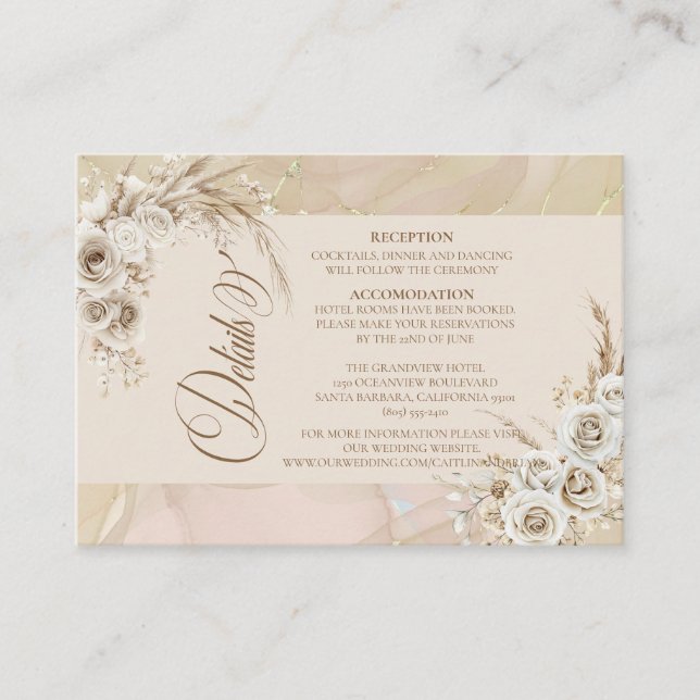 Modern White Boho Floral Arch Wedding Details Card (Front)