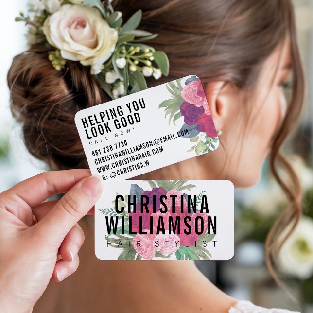 Modern white bold text blush pink vintage florals business card (Modern white bold text blush pink vintage florals)