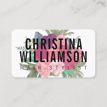 Modern White Bold Text Blush Pink Vintage Florals Business Card by moodii at Zazzle