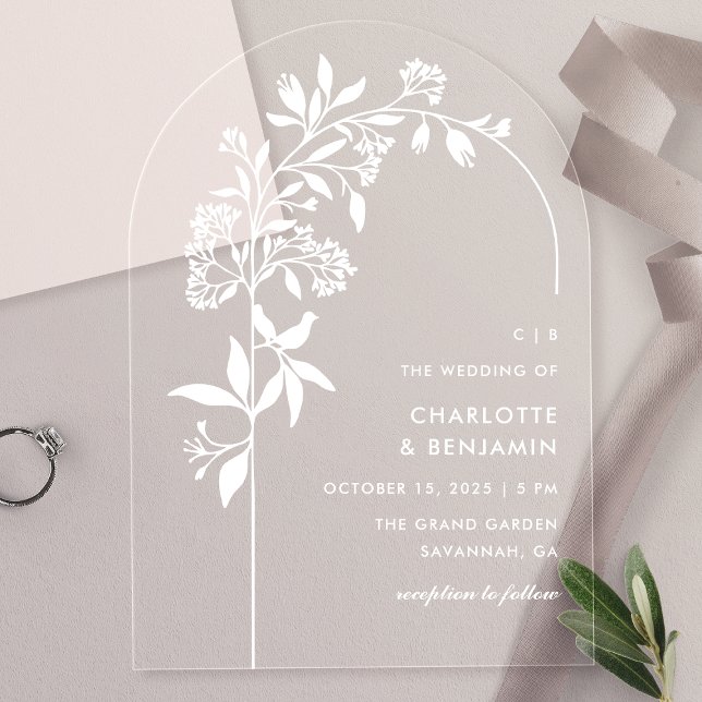 Modern White Botanical Arch Wedding Acrylic Invitations (Creator Uploaded)