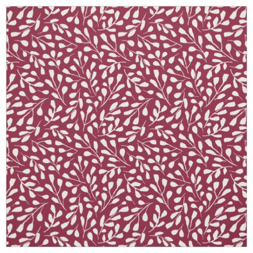 Modern White Botanical Leaf Pattern Burgundy Red Fabric