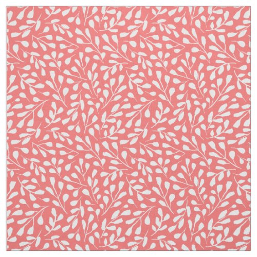 Modern White Botanical Leaf Pattern Coral Pink Fabric