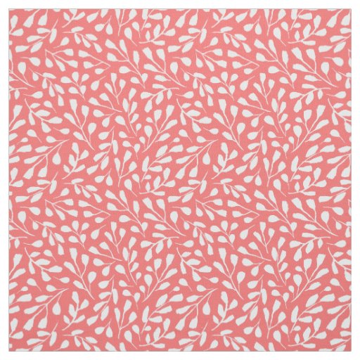 Modern White Botanical Leaf Pattern Coral Pink Fabric