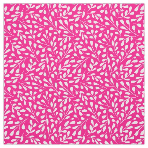 Modern White Botanical Leaf Pattern Hot Pink Fabric