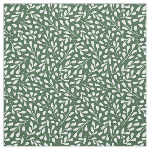 Modern White Botanical Leaf Pattern Hunter Green Fabric