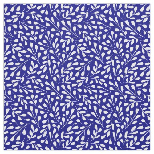 Modern White Botanical Leaf Pattern Navy Blue Fabric