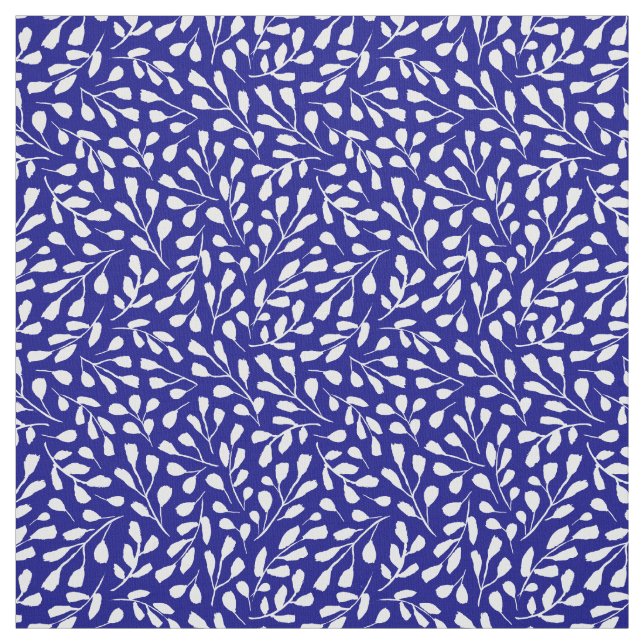 Modern White Botanical Leaf Pattern Navy Blue Fabric (Swatch)