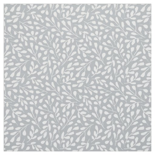 Modern White Botanical Leaf Pattern on Light Gray Fabric