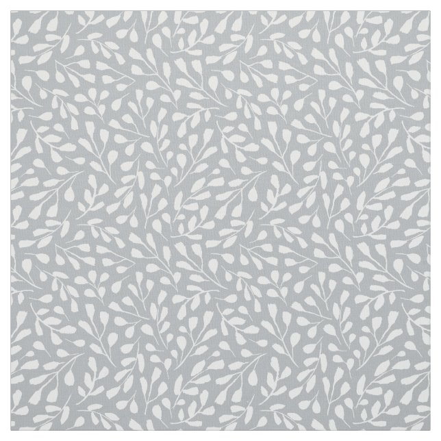 Modern White Botanical Leaf Pattern on Light Gray Fabric (Swatch)