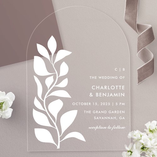 Modern White Botanical Leaves Wedding Acrylic Invitations