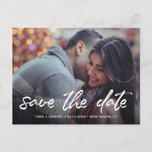 Modern White Brush Script Photo Save the Date Announcement Postcard