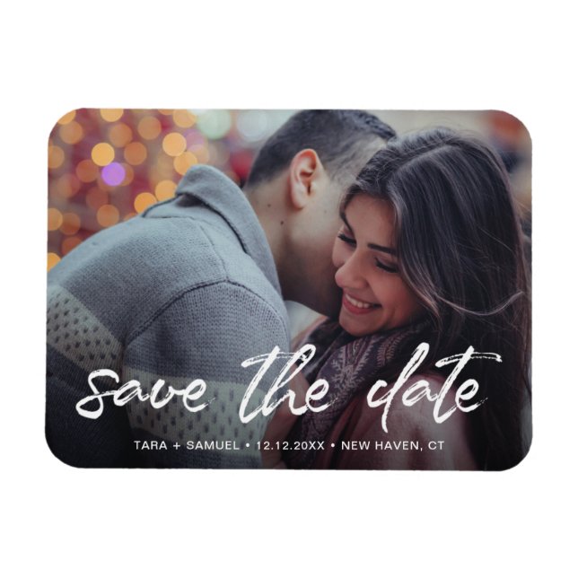 Modern White Brush Script Photo Save the Date Magnet (Horizontal)