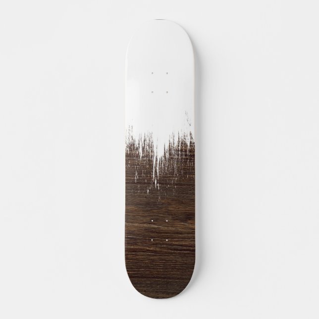 Modern white brush strokes paint rustic brown wood skateboard deck (Front)