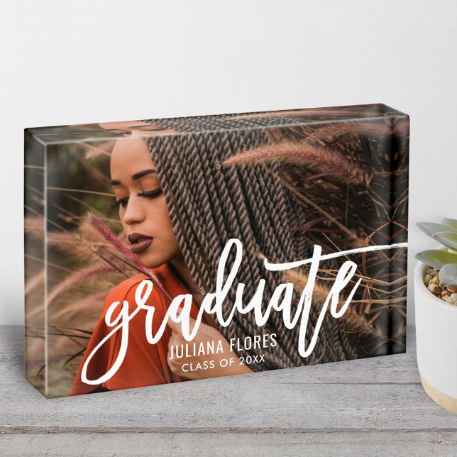 Modern White Brushed Script Graduate Photo Block (Creator Uploaded)
