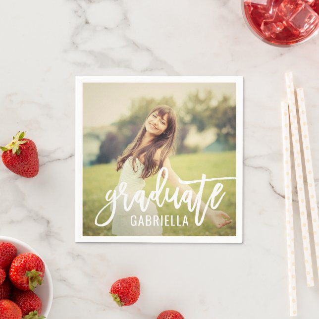 Modern White Brushed Script Graduate Photo Napkins (Insitu)
