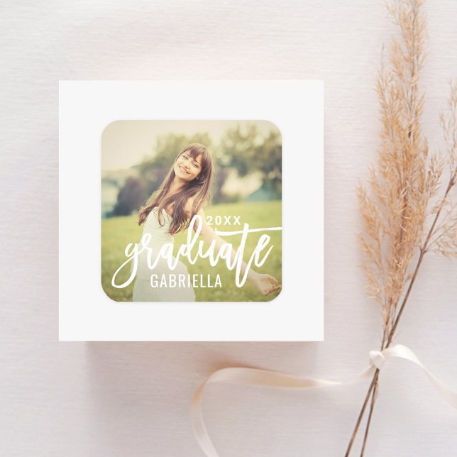 Modern White Brushed Script Graduate Photo Square Sticker (Creator Uploaded)