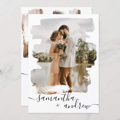 Modern white brushstroke script 2 photos wedding invitation