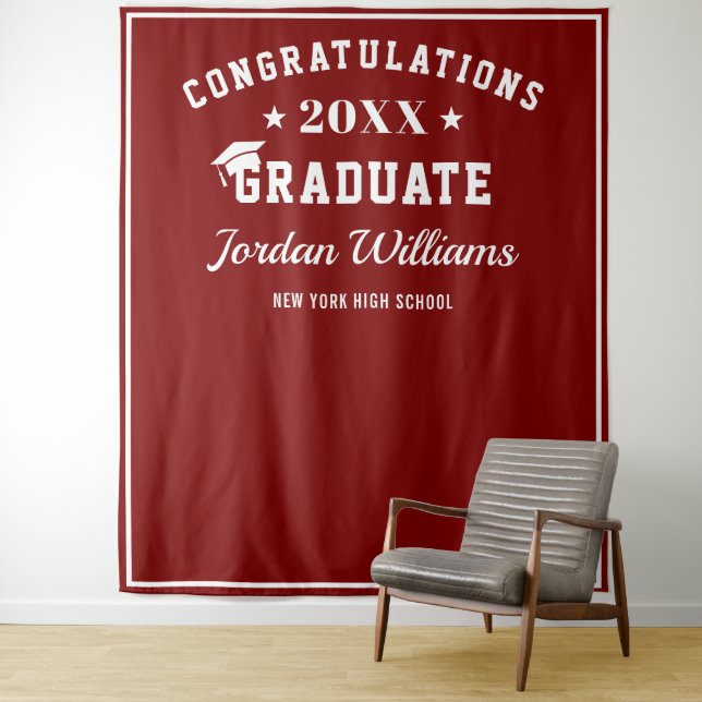 Modern White Burgundy Graduation Photo Backdrop (In Situ)