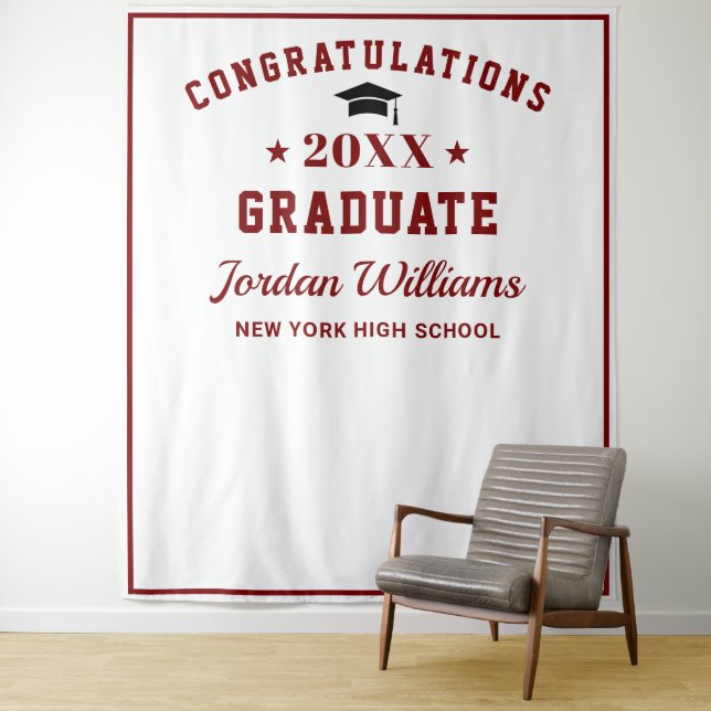 Modern White Burgundy Graduation Photo Backdrop (In Situ)