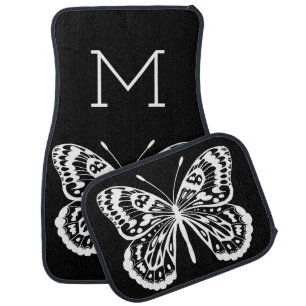 Modern White Butterfly Outline & Monogram Letter Car Floor Mat