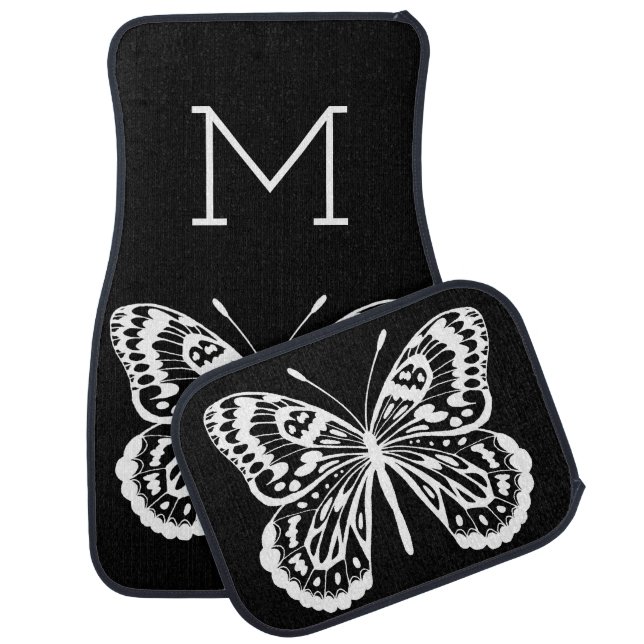 Modern White Butterfly Outline & Monogram Letter Car Floor Mat (Set)