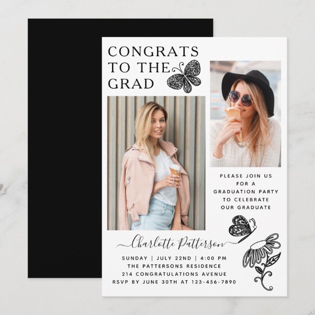 Modern White Butterfly Photo Graduation Party Invitation (Front/Back)