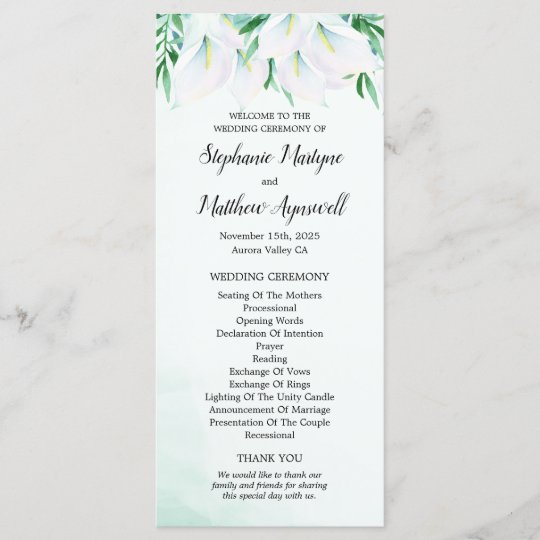 Modern White Calla Lily Floral Wedding Ceremony Program Zazzle Com