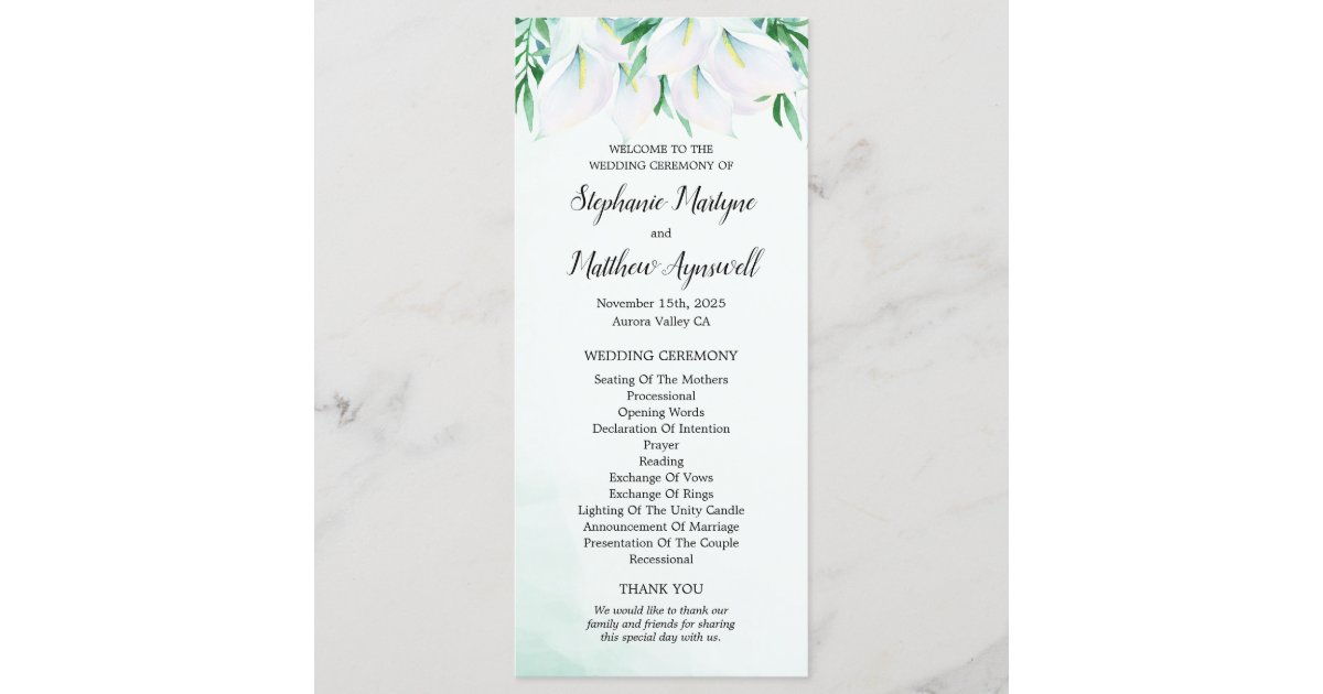 Modern White Calla Lily Floral Wedding Ceremony Program Zazzle Com