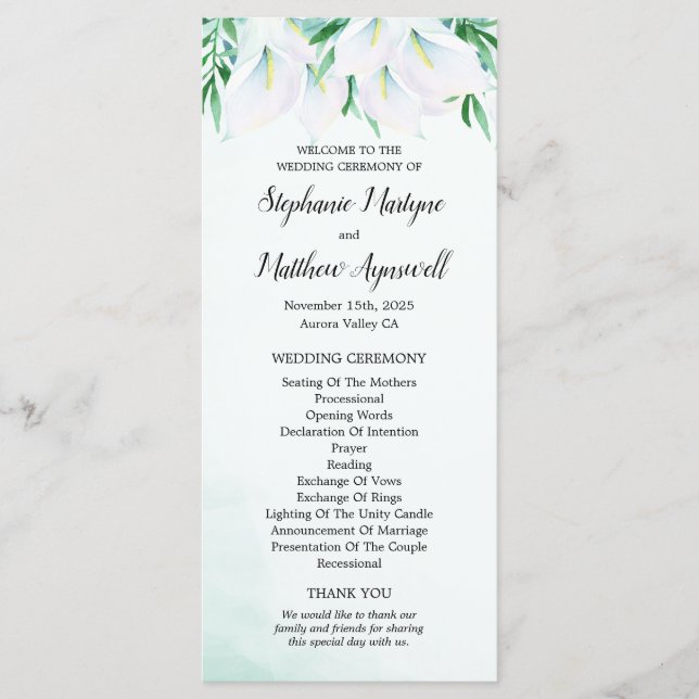 Modern White Calla Lily Floral Wedding Ceremony Program (Front)