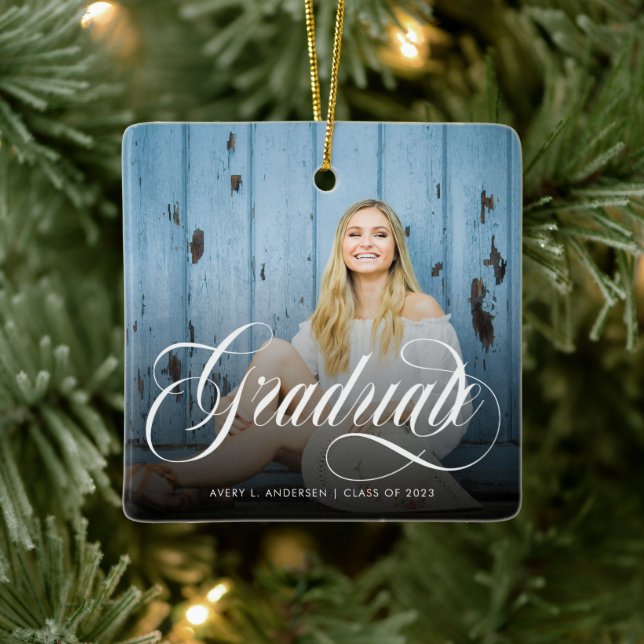 Modern White Calligraphy Photo Graduation  Ceramic Ornament (Tree)