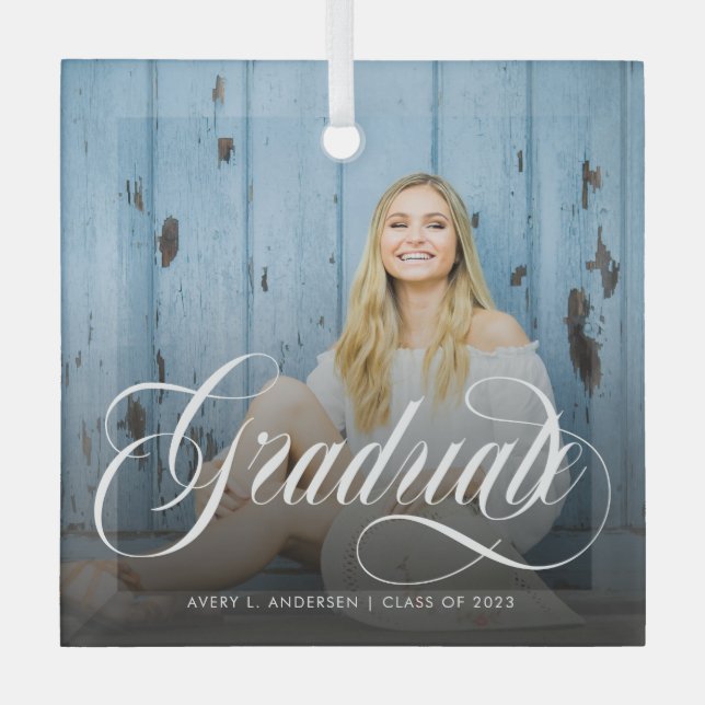 Modern White Calligraphy Photo Graduation  Glass Ornament (Front)